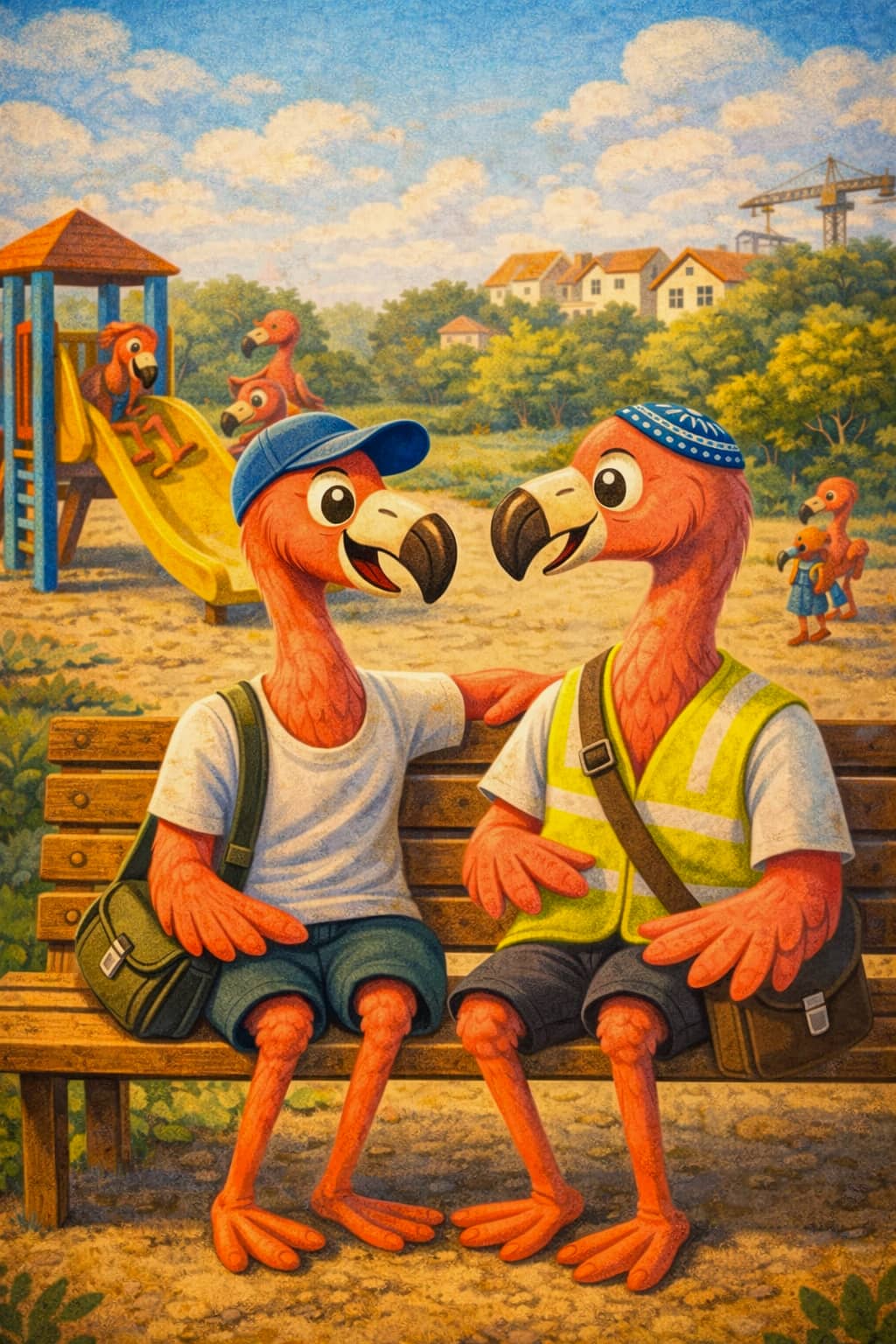 איור של שני  פלמינגו שנראים כמו הורים, יושבים על ספסל מדברים וצוחקים