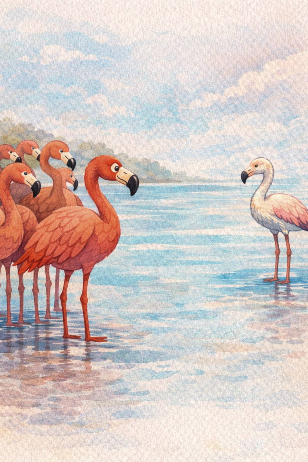 להקת פלמינגו ורודים מביטה על פלמינגו לבן שעומד בצד