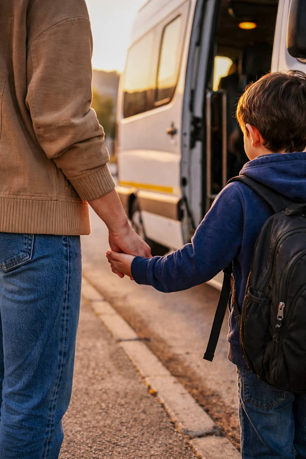 ילד והורה אוחזים ידיים ועומדים מול מיניבוס