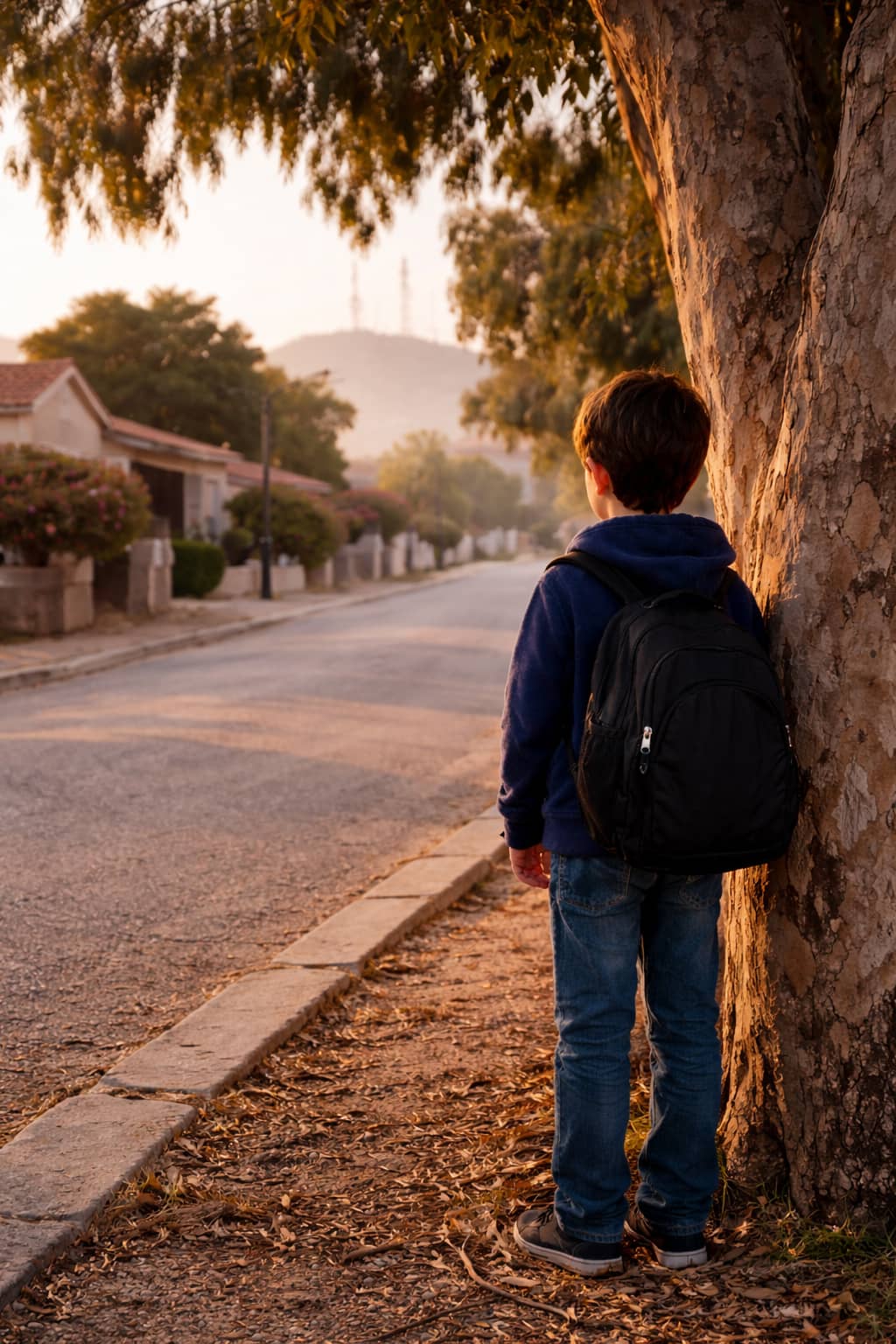 ילד עומד ליד עץ אקליפטוס בשכונת מגורים