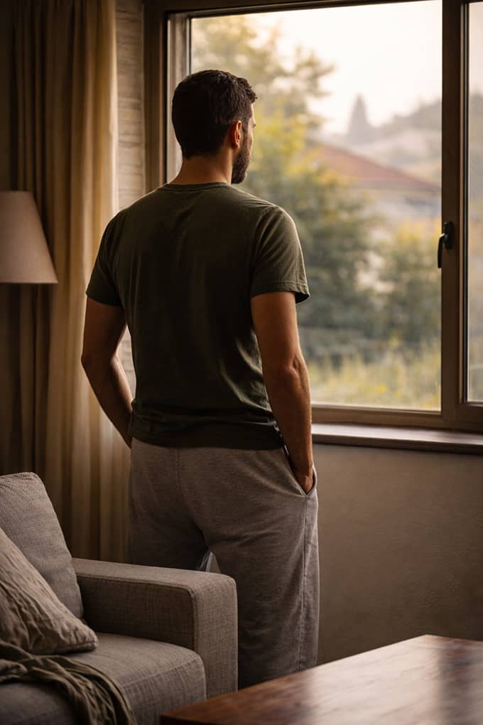 אדם עומד בביתו מול עדן החלון ומביט החוצה