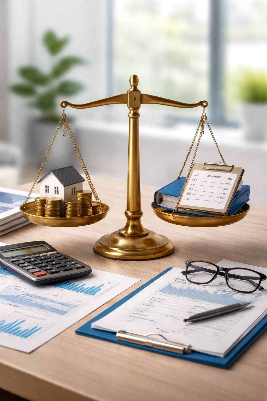 מאזניים עם בית ומטבעות בצד אחד, וברשימת התחייבויות בצד שני