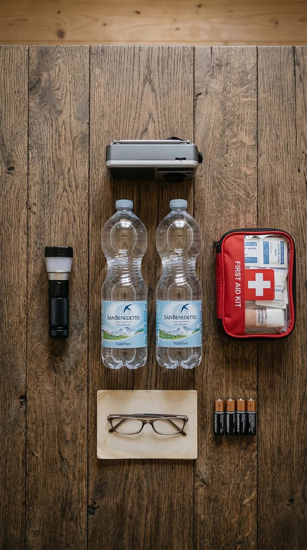 מתארגנים לשהייה קצרה במרחב המוגן ציוד על שולחן עץ: 2 בקבוקי מים, פנס, משקפיים, ספר, ערכת עזרה ראשונה, רדיו וסוללות.