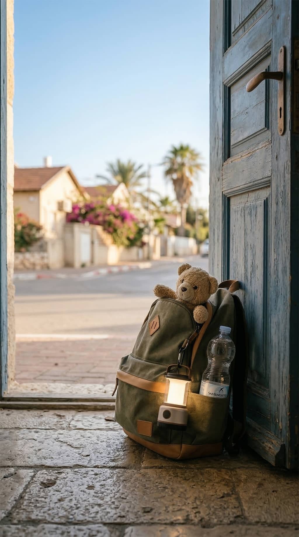 מתארגנים למקלט השכונתי תיק מוכן עם דובי בתוכו ומים בצד, עומד על דלת כניסה של בית כשברקע היישוב עתלית