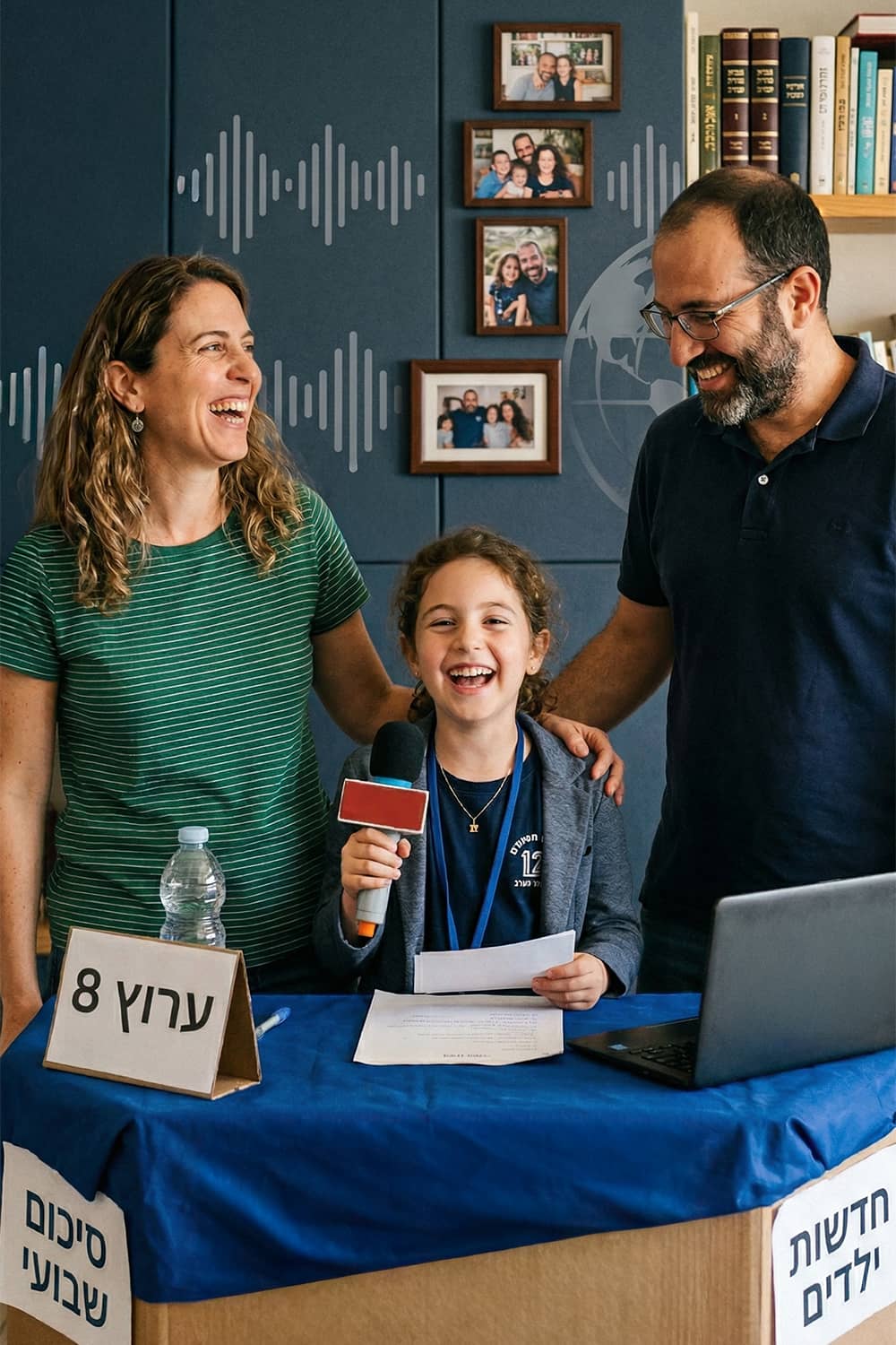 ילדה משחקת בחדשות עם הוריה שמחים