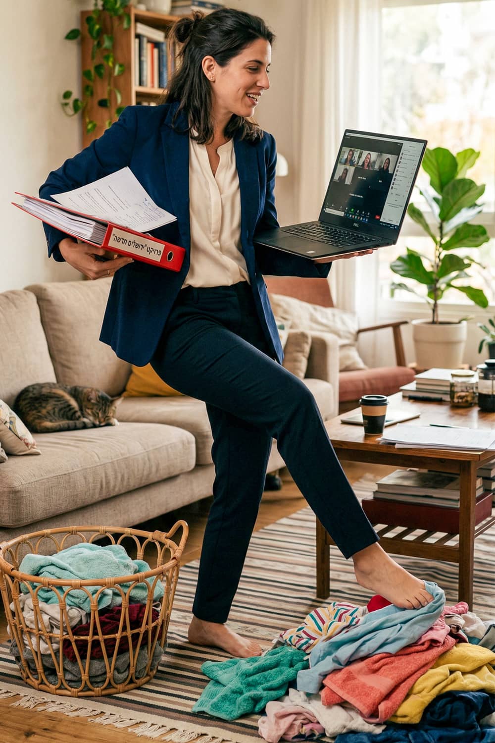 אשה עם קלסר ביד מנהלת פגישת זום ומסדרת כביסה עם הרגל