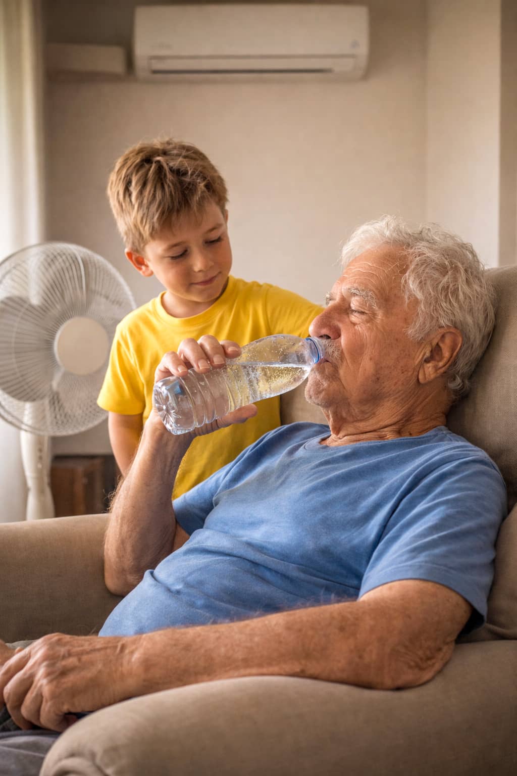 ילד נותן לסבא לשתות מבקבוק מים