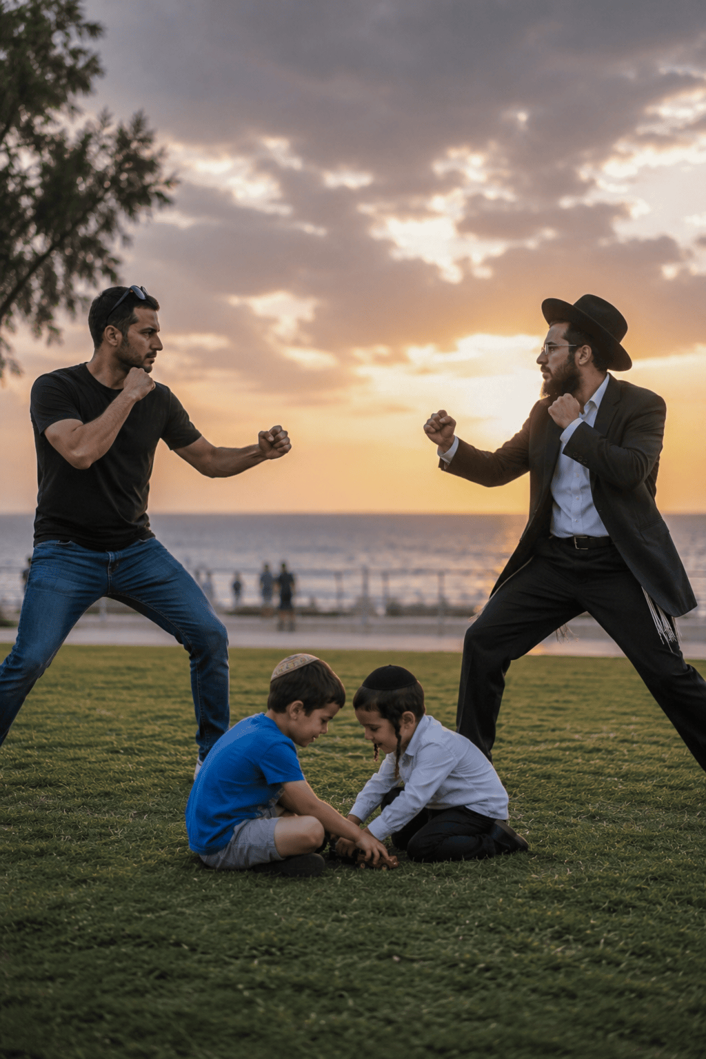 שני מבוגרים עומדים בתנוחת קרב זה מול זה, כשהילדים שלהם משחקים יחד על הדשא